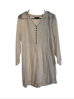Cream Long-Sleeve Tunic Dress with Pintucks and Black Buttons